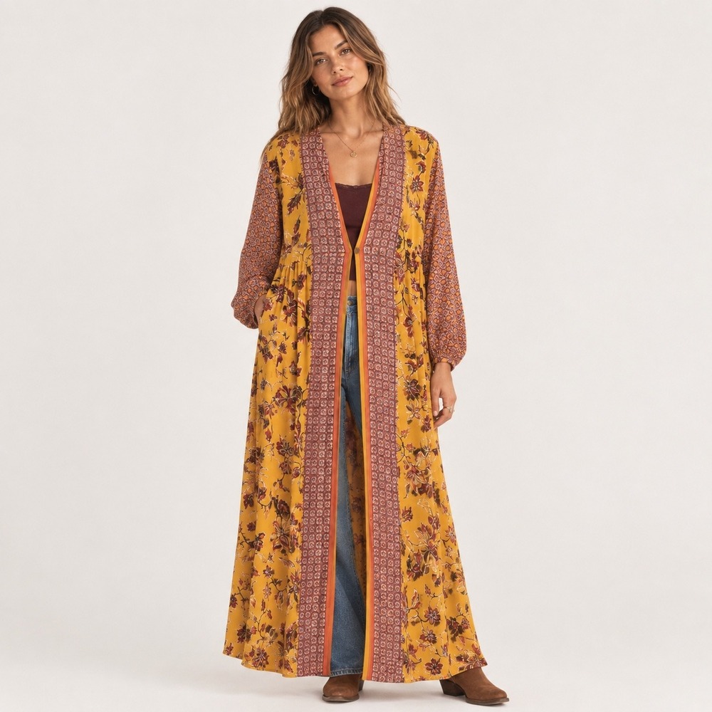 Anthropologie Raga Floral Maxi Kimono Duster Boho Renaissance Indie Ren Faire L
